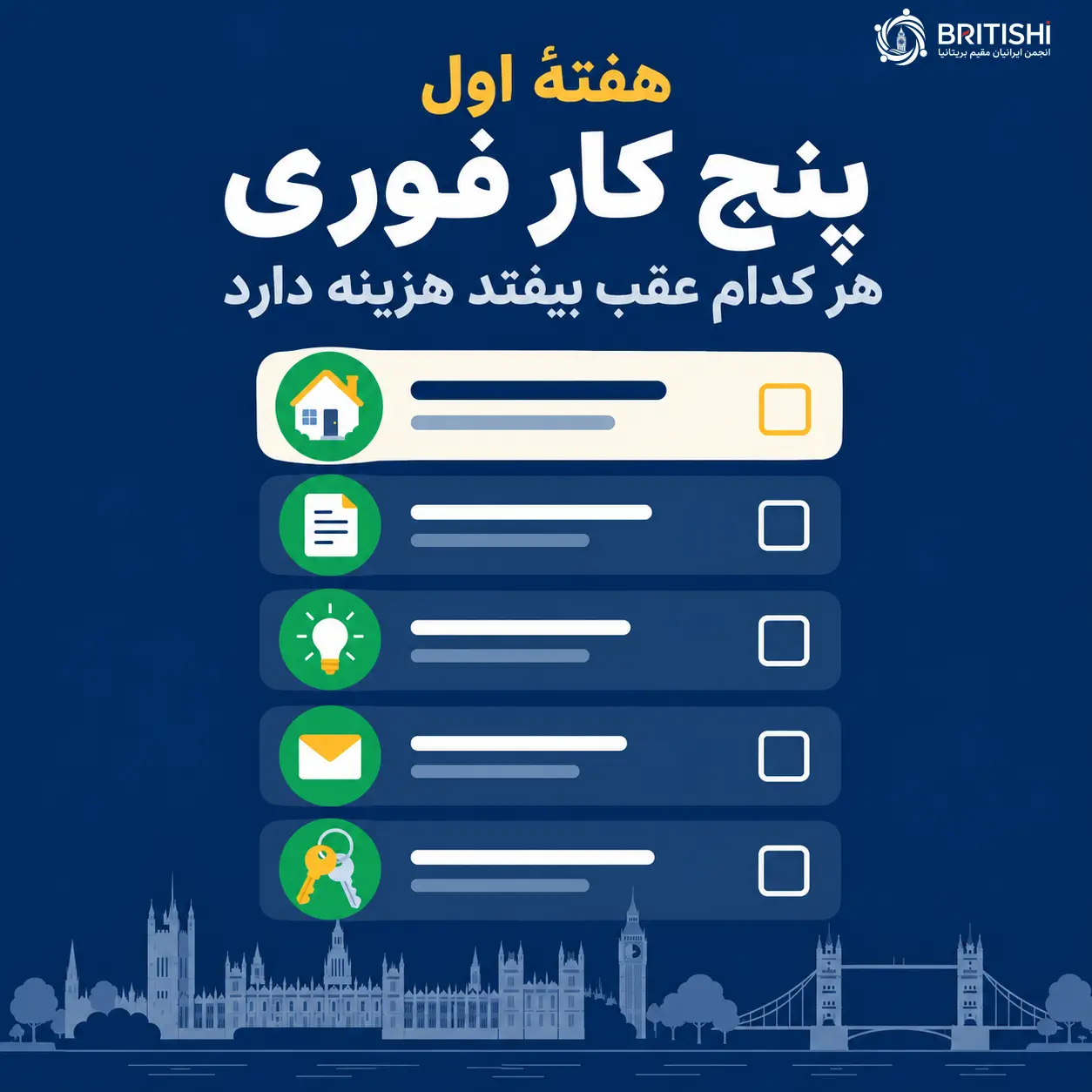 چک لیست کارهای هفته اول پس از تحویل خانه در بریتانیا